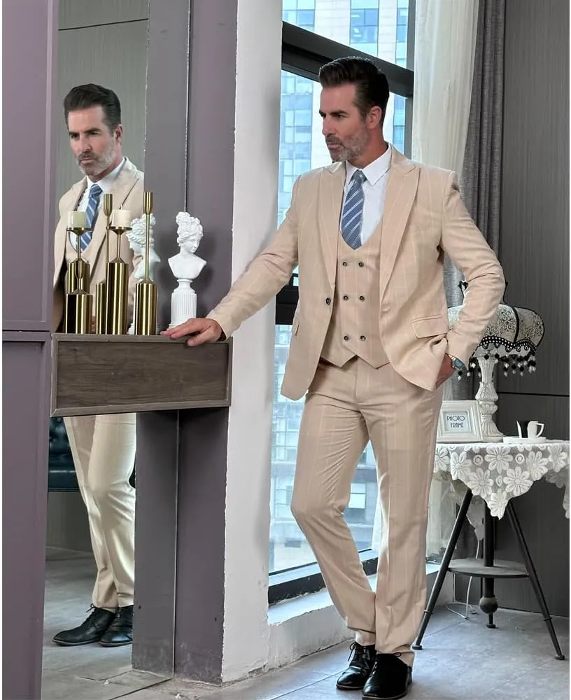Mens Suit Plaid Tuxedos Business Suits Slim Fit Double Breasted