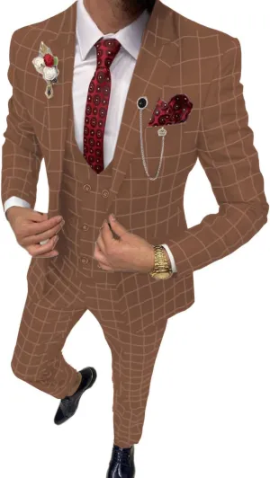 Mens Suit Plaid Tuxedos Business Suits Slim Fit Double Breasted