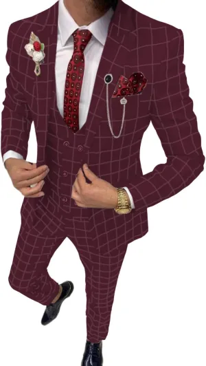 Mens Suit Plaid Tuxedos Business Suits Slim Fit Double Breasted