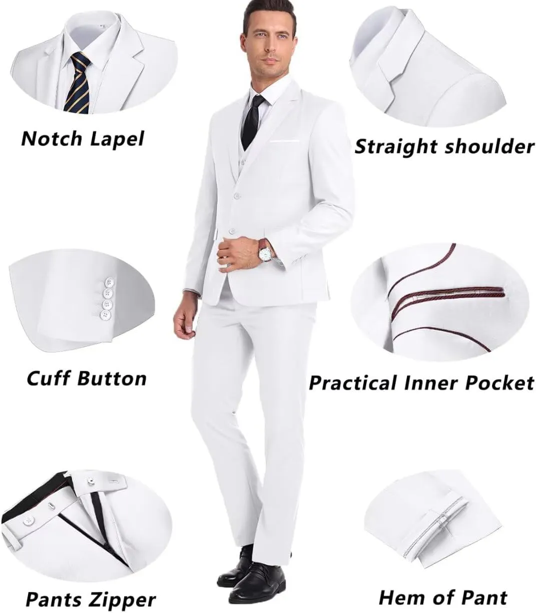 Men's Suit Slim Fit 3 Piece Wedding Dress Tux Suit Set Two Buttons Business Suits Blazer Jacket Vest Pants with Tie