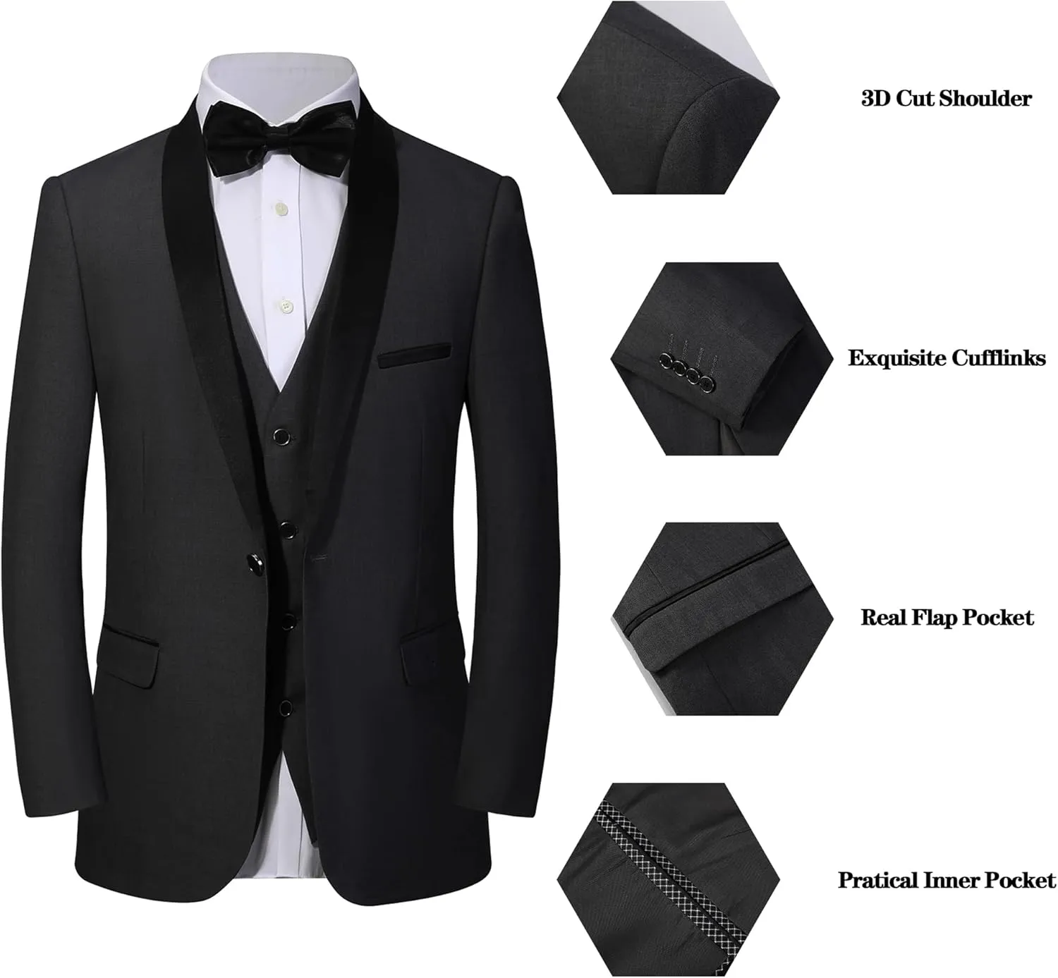 Mens Tuxedo Slim Fit Wedding Business Suits for Groom Groomsmen 3 Pieces Dinner Jacket Vest Pants Set for Men