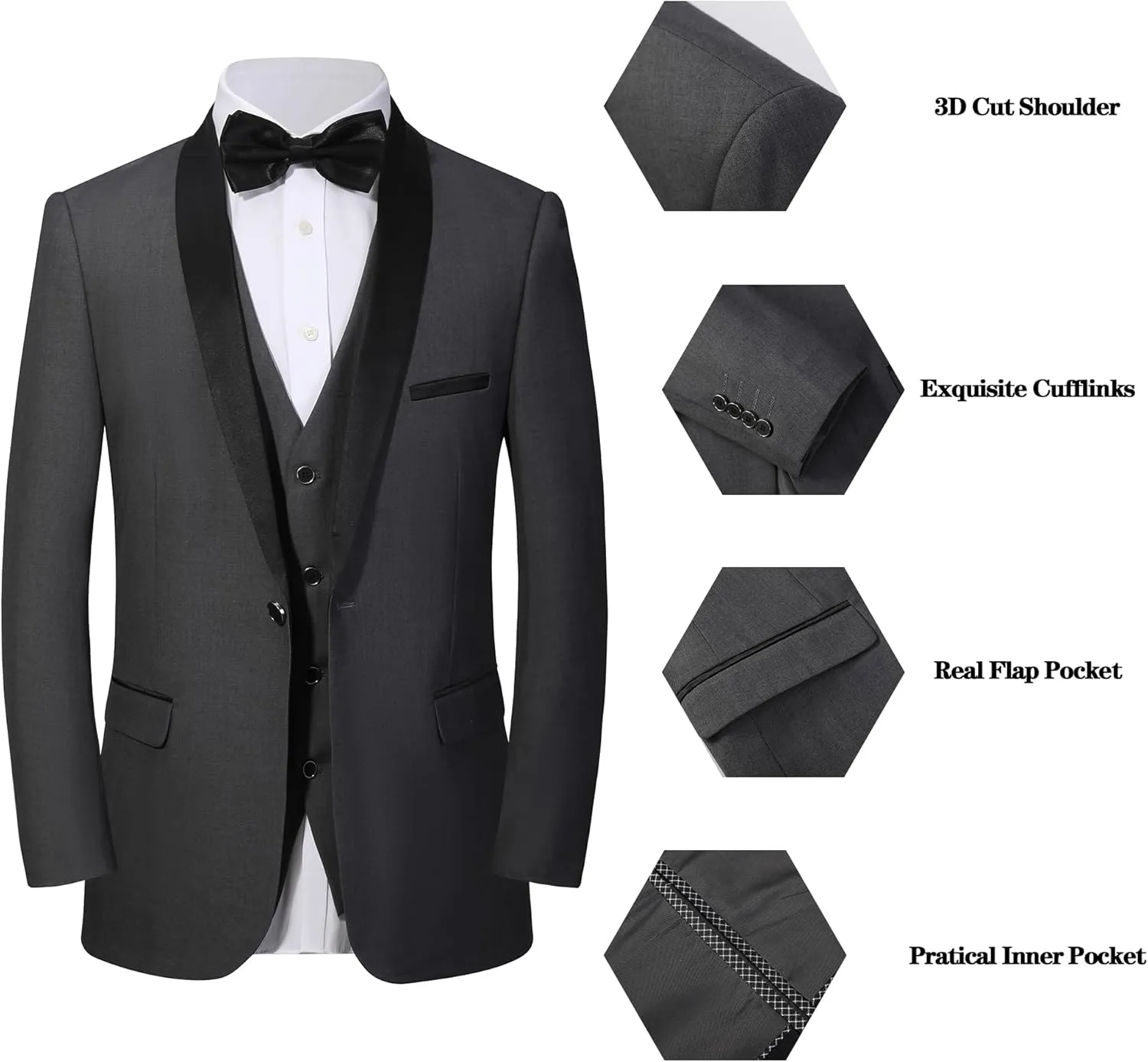 Mens Tuxedo Slim Fit Wedding Business Suits for Groom Groomsmen 3 Pieces Dinner Jacket Vest Pants Set for Men