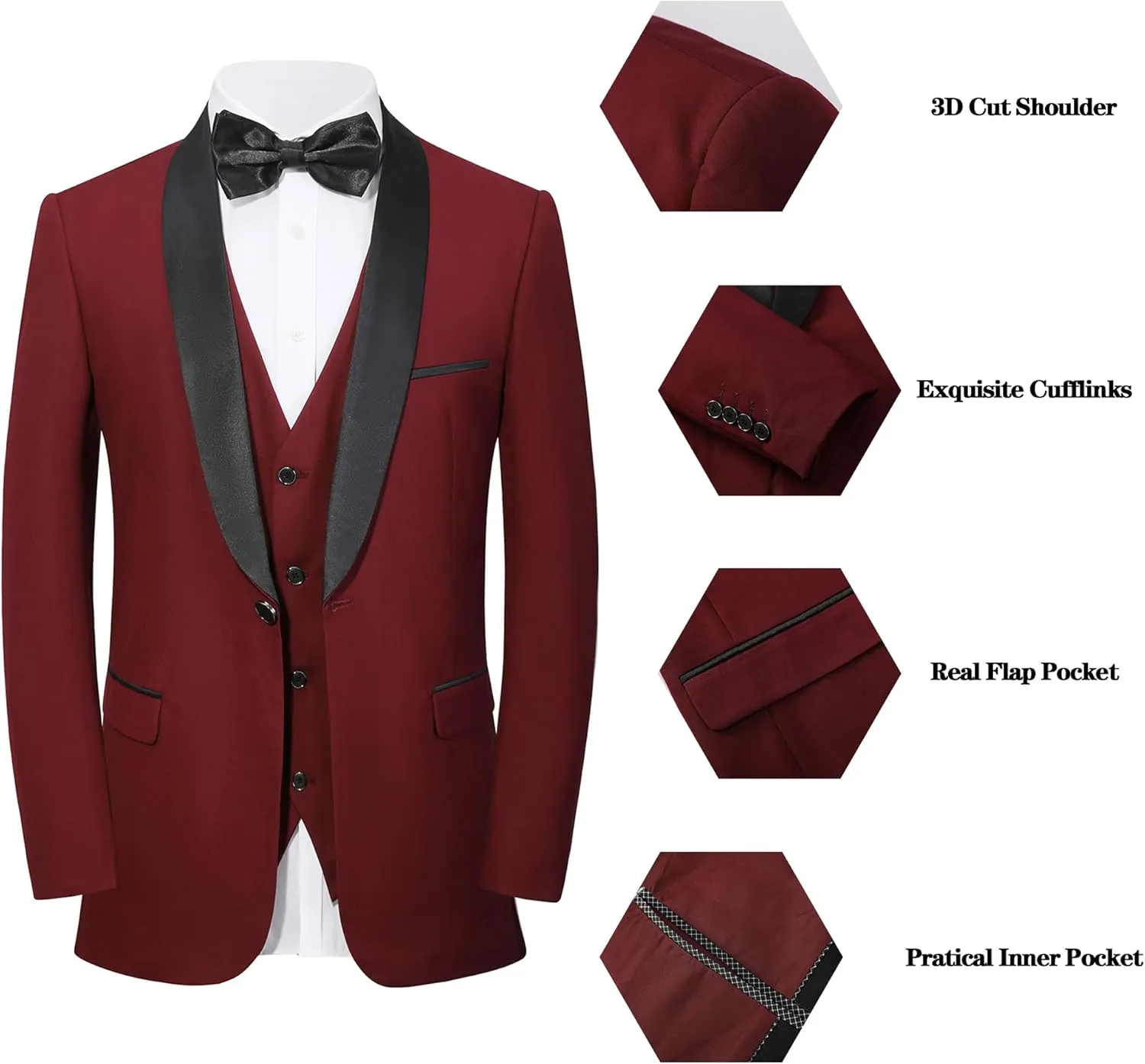Mens Tuxedo Slim Fit Wedding Business Suits for Groom Groomsmen 3 Pieces Dinner Jacket Vest Pants Set for Men