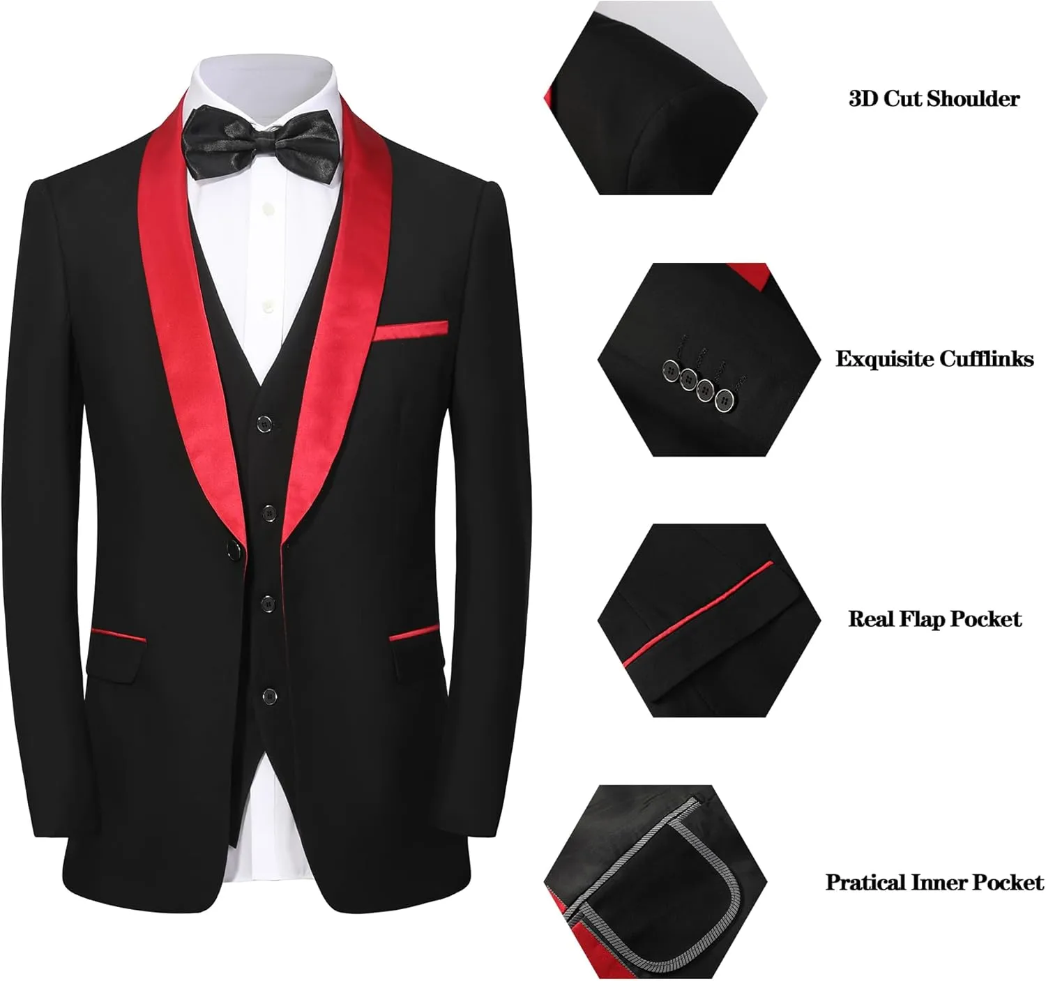 Mens Tuxedo Slim Fit Wedding Business Suits for Groom Groomsmen 3 Pieces Dinner Jacket Vest Pants Set for Men