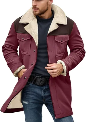 Mens Western Cowboy Jacket Vintage Suede Jacket Long Trench Coats Zip Up Plush Collar Cowboy Peacoat Retro Tops