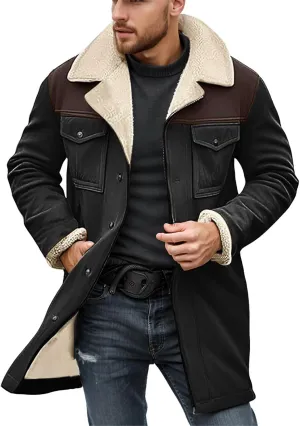 Mens Western Cowboy Jacket Vintage Suede Jacket Long Trench Coats Zip Up Plush Collar Cowboy Peacoat Retro Tops