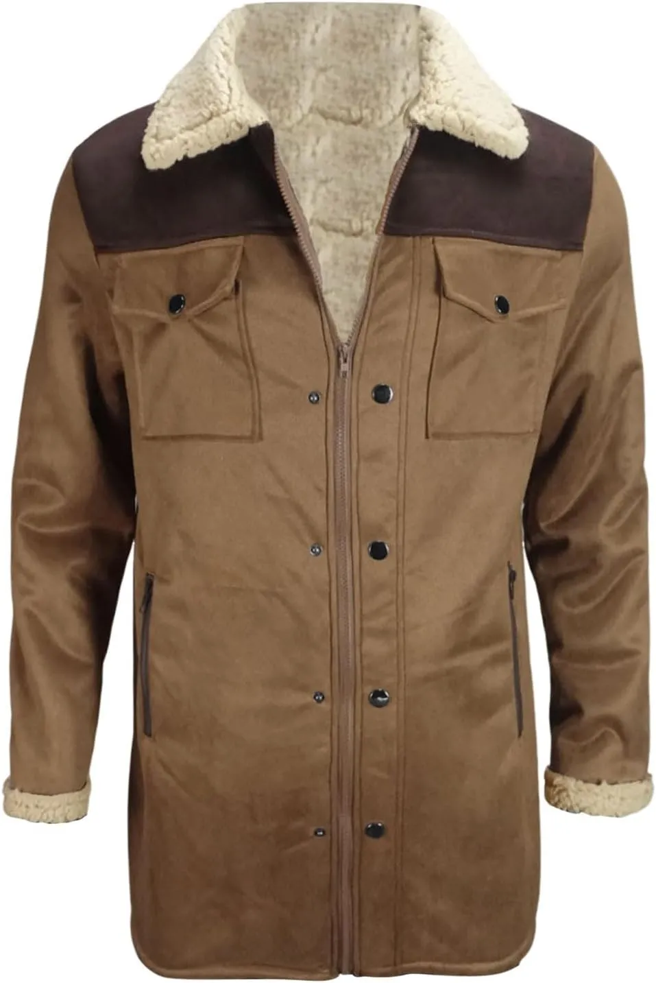 Mens Western Cowboy Jacket Vintage Suede Jacket Long Trench Coats Zip Up Plush Collar Cowboy Peacoat Retro Tops
