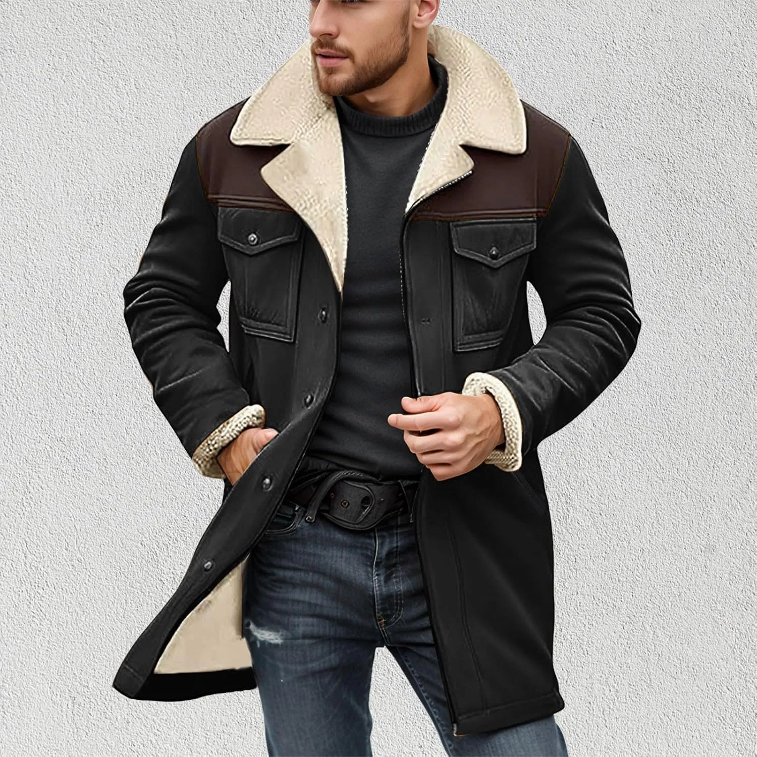 Mens Western Cowboy Jacket Vintage Suede Jacket Long Trench Coats Zip Up Plush Collar Cowboy Peacoat Retro Tops