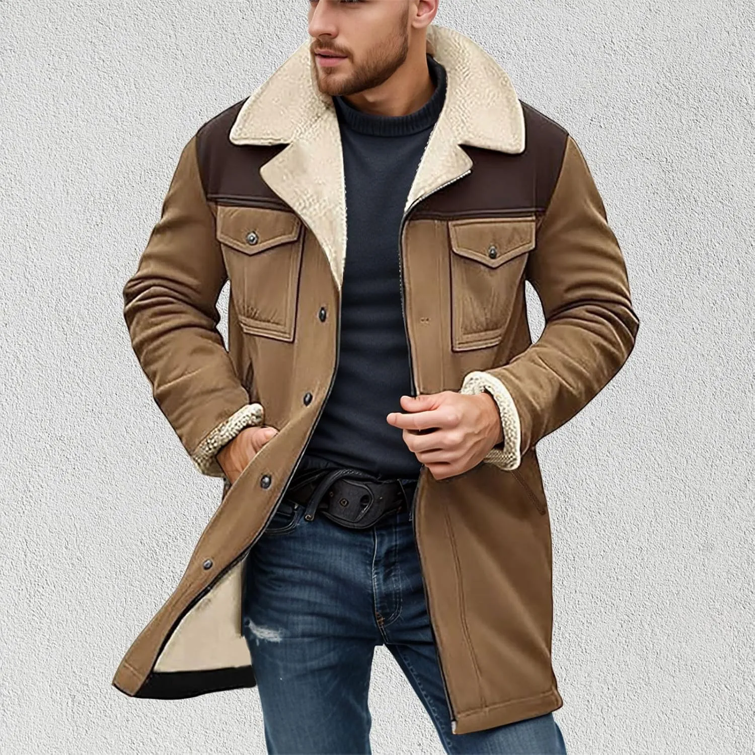 Mens Western Cowboy Jacket Vintage Suede Jacket Long Trench Coats Zip Up Plush Collar Cowboy Peacoat Retro Tops