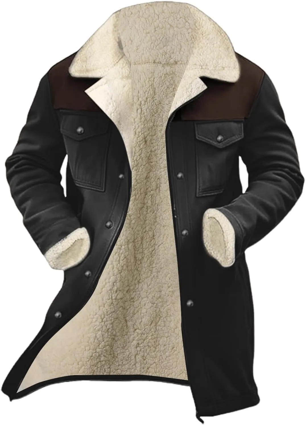 Mens Western Cowboy Jacket Vintage Suede Jacket Long Trench Coats Zip Up Plush Collar Cowboy Peacoat Retro Tops
