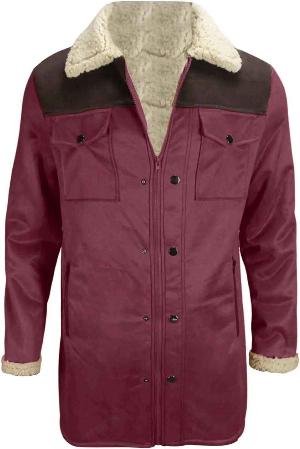 Mens Western Cowboy Jacket Vintage Suede Jacket Long Trench Coats Zip Up Plush Collar Cowboy Peacoat Retro Tops