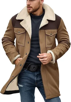 Mens Western Cowboy Jacket Vintage Suede Jacket Long Trench Coats Zip Up Plush Collar Cowboy Peacoat Retro Tops