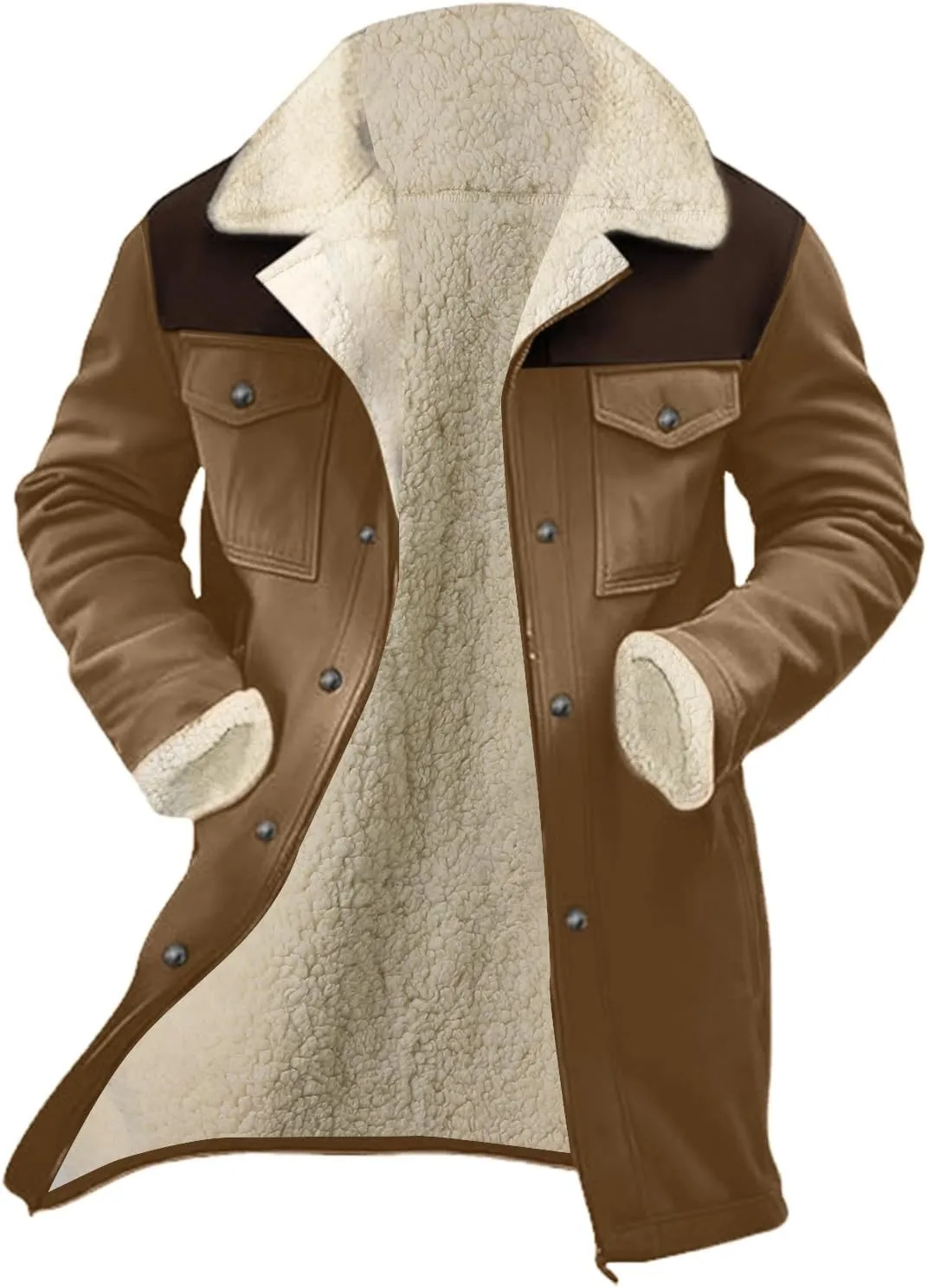Mens Western Cowboy Jacket Vintage Suede Jacket Long Trench Coats Zip Up Plush Collar Cowboy Peacoat Retro Tops
