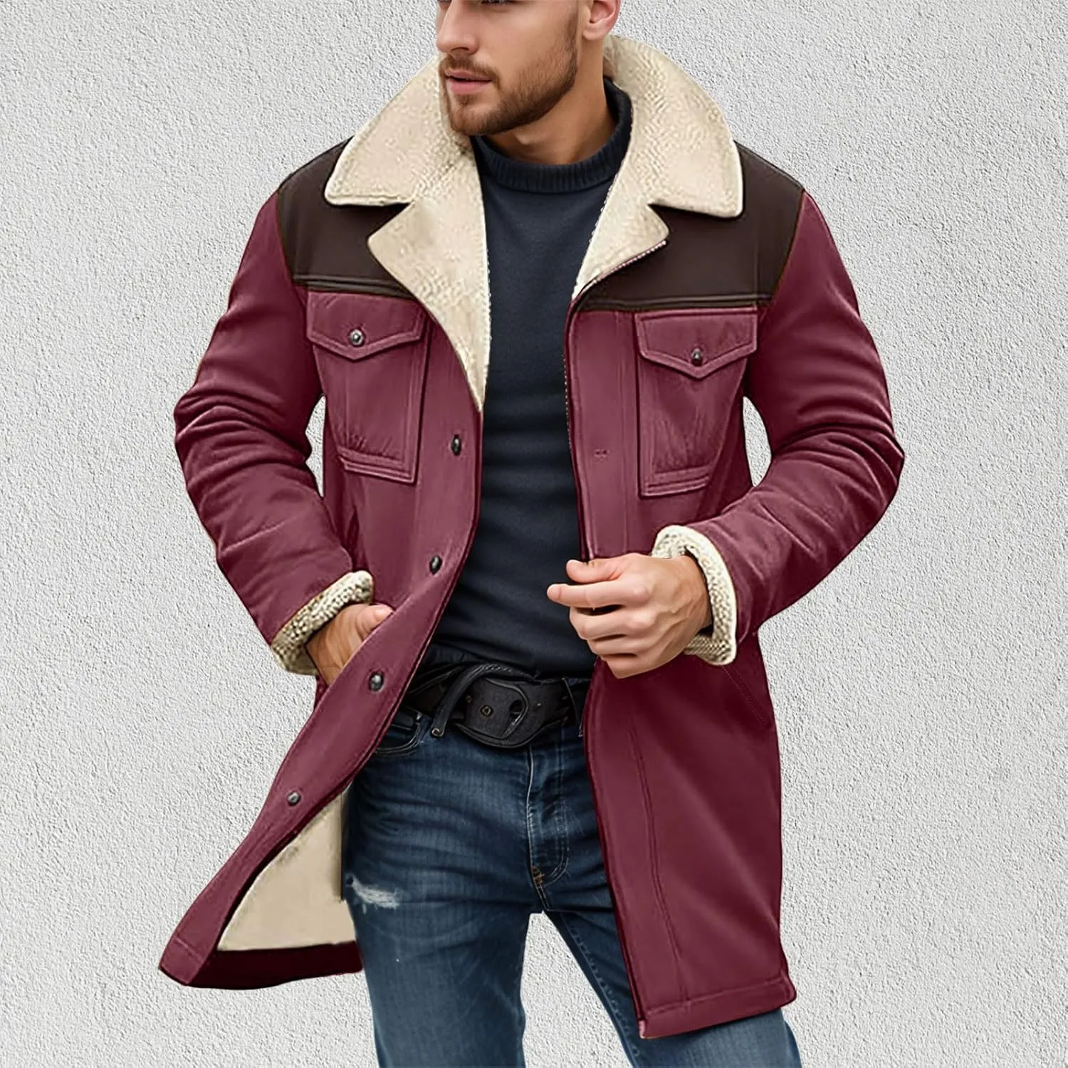 Mens Western Cowboy Jacket Vintage Suede Jacket Long Trench Coats Zip Up Plush Collar Cowboy Peacoat Retro Tops