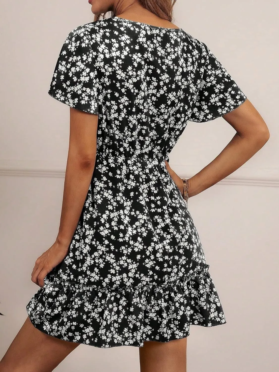 METOES Women's Spring Summer 2023 Boho Mini Short Dress Floral Print Sleeve Ruffle Hem Dress