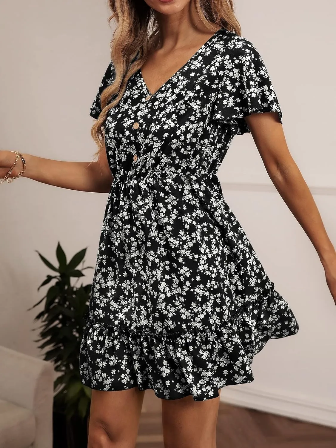 METOES Women's Spring Summer 2023 Boho Mini Short Dress Floral Print Sleeve Ruffle Hem Dress