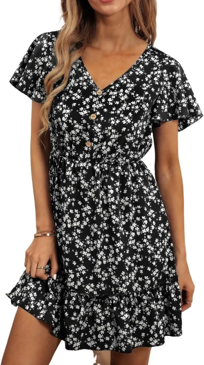 METOES Women's Spring Summer 2023 Boho Mini Short Dress Floral Print Sleeve Ruffle Hem Dress