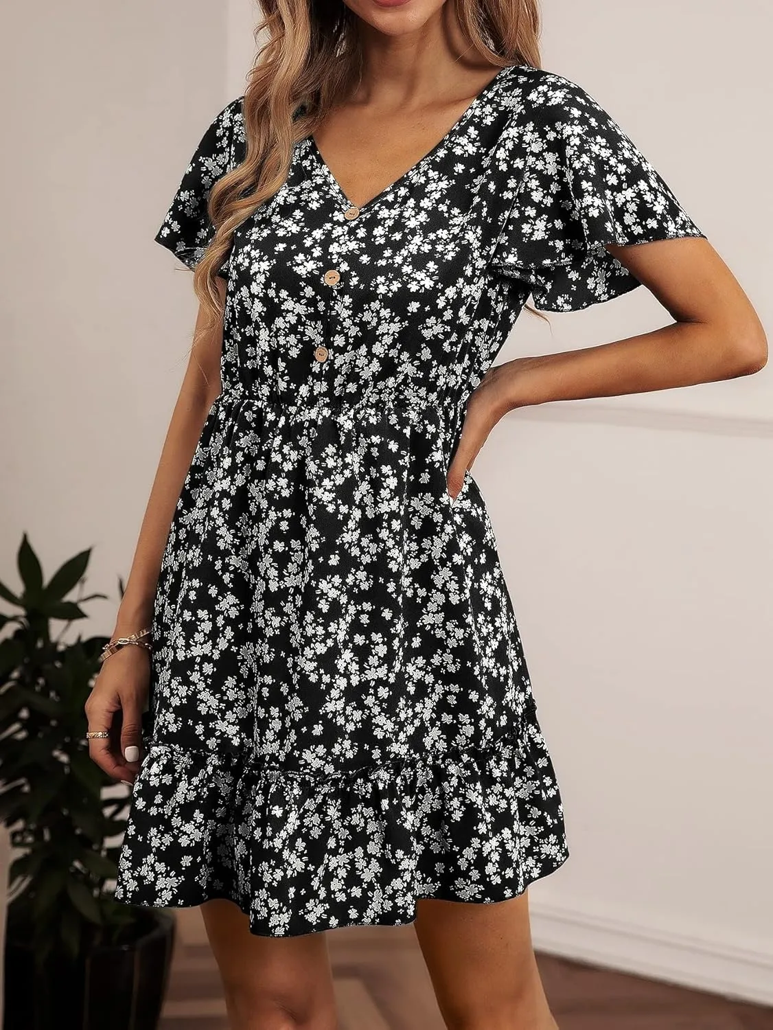 METOES Women's Spring Summer 2023 Boho Mini Short Dress Floral Print Sleeve Ruffle Hem Dress