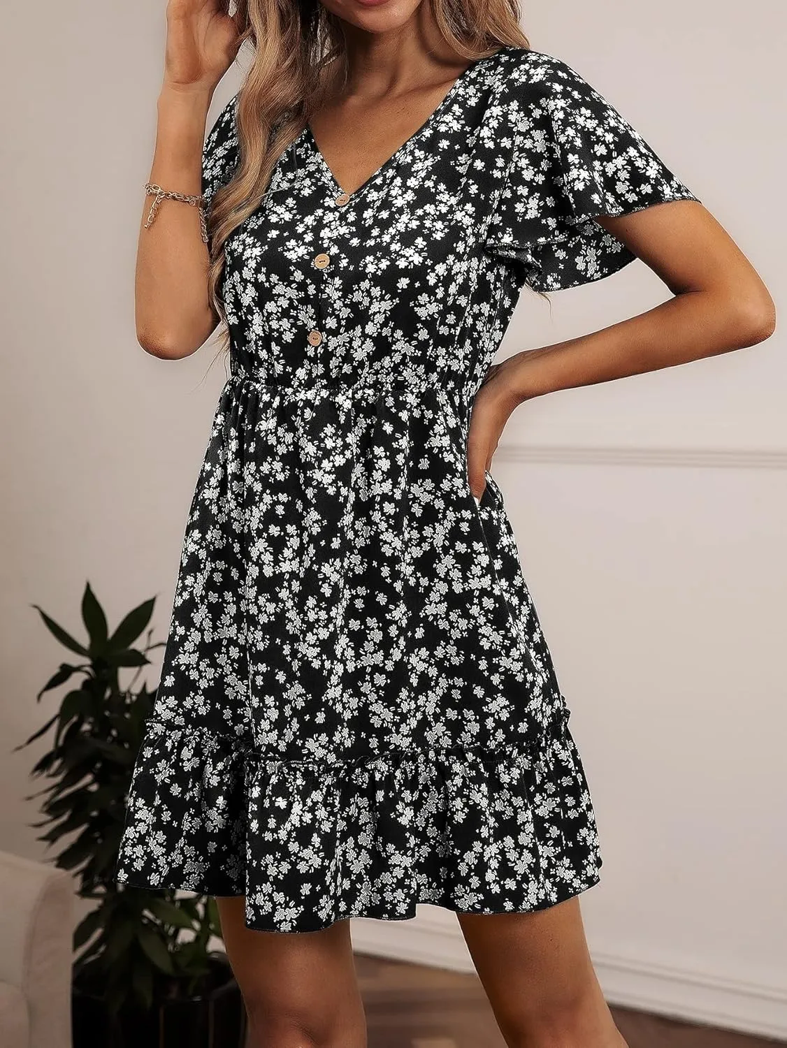 METOES Women's Spring Summer 2023 Boho Mini Short Dress Floral Print Sleeve Ruffle Hem Dress
