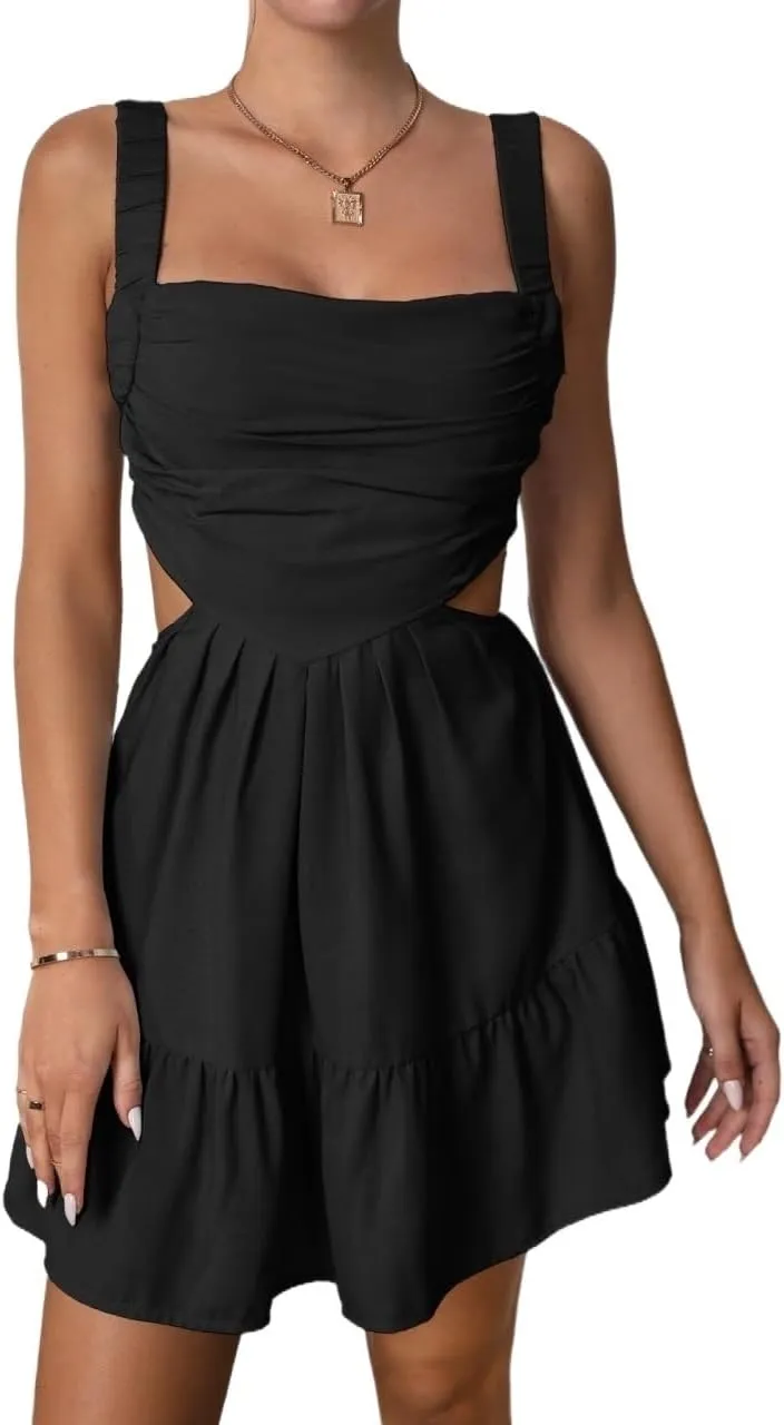 METOES Women's Spring Summer 2023 Boho Mini Short Dress Ruched Cutout Ruffle Hem Cami Dress