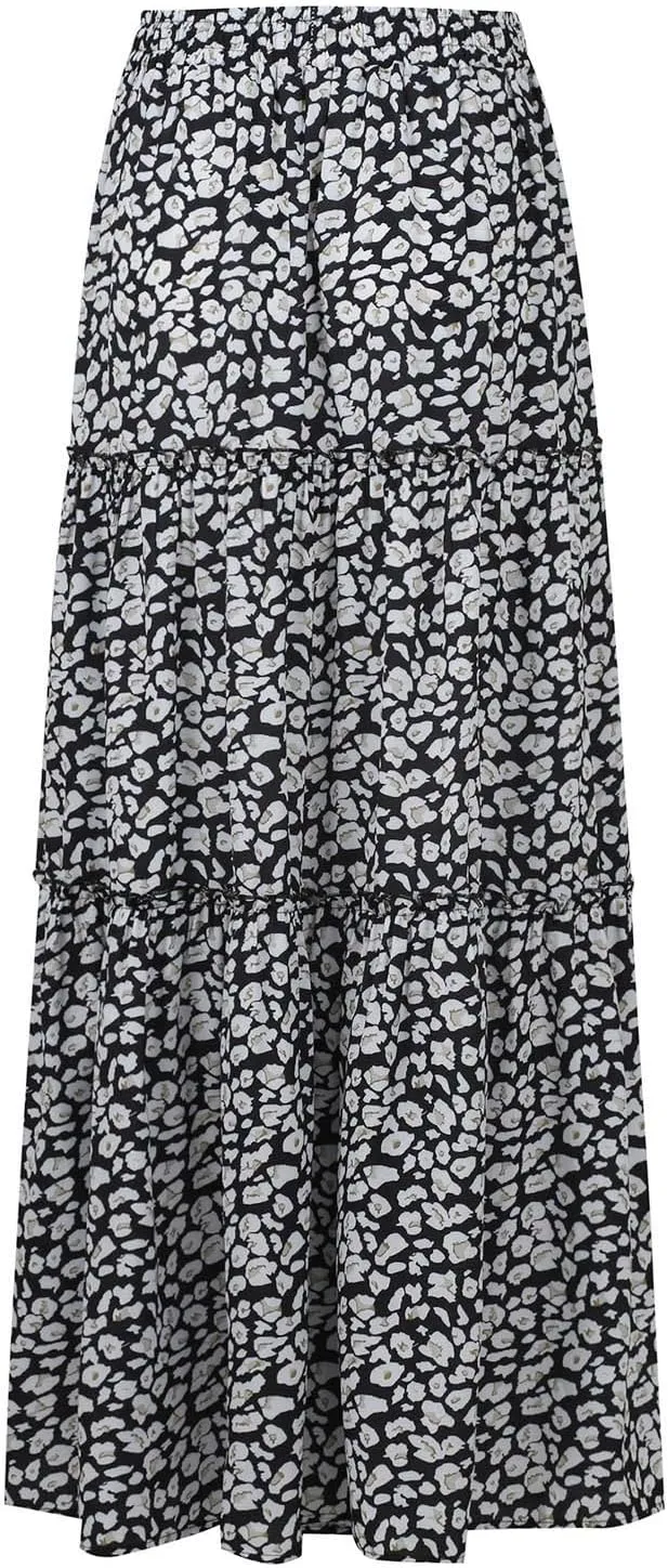 Midi Skirt,Elastic High Waist Drawstring Ruffle Hem Flowy Maxi Skirts for Women Trendy 2025 Summer Vacation Boho