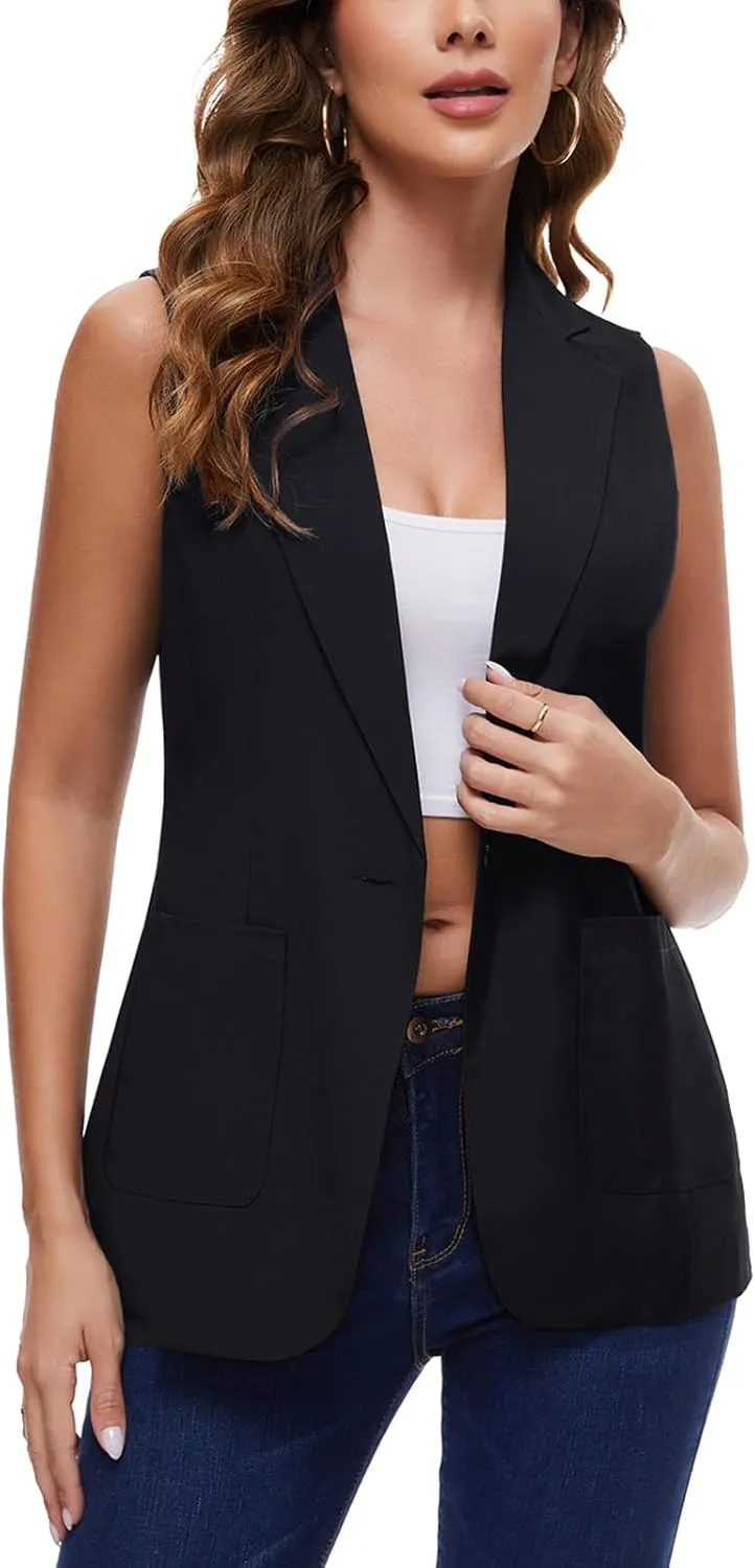 MINTLIMIT Women's Sleeveless Blazer Vest Summer Casual Open Front Lapel Collar Work Office Button Suit Vests with Pockets