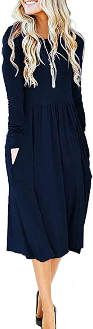 MISFAY Women's Long Sleeve Midi Dress Loose Casual Empire Waist Dresses with Pockets