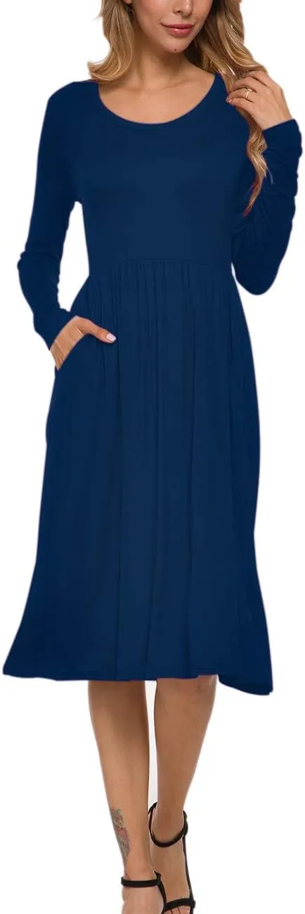 MISFAY Women's Long Sleeve Midi Dress Loose Casual Empire Waist Dresses with Pockets