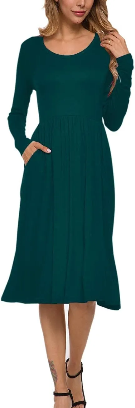 MISFAY Women's Long Sleeve Midi Dress Loose Casual Empire Waist Dresses with Pockets