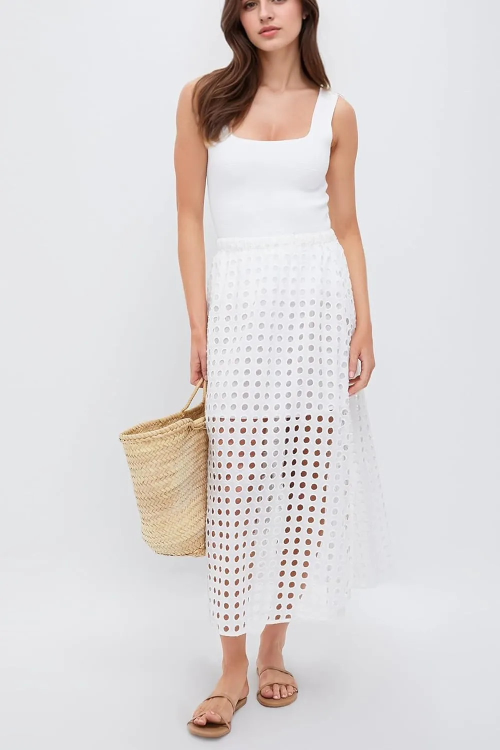 MISSACTIVER Summer Eyelet Maxi Skirt for Women Solid Hollow Out Beach Skirt High Elastic Waist Long Skirts with Underneath