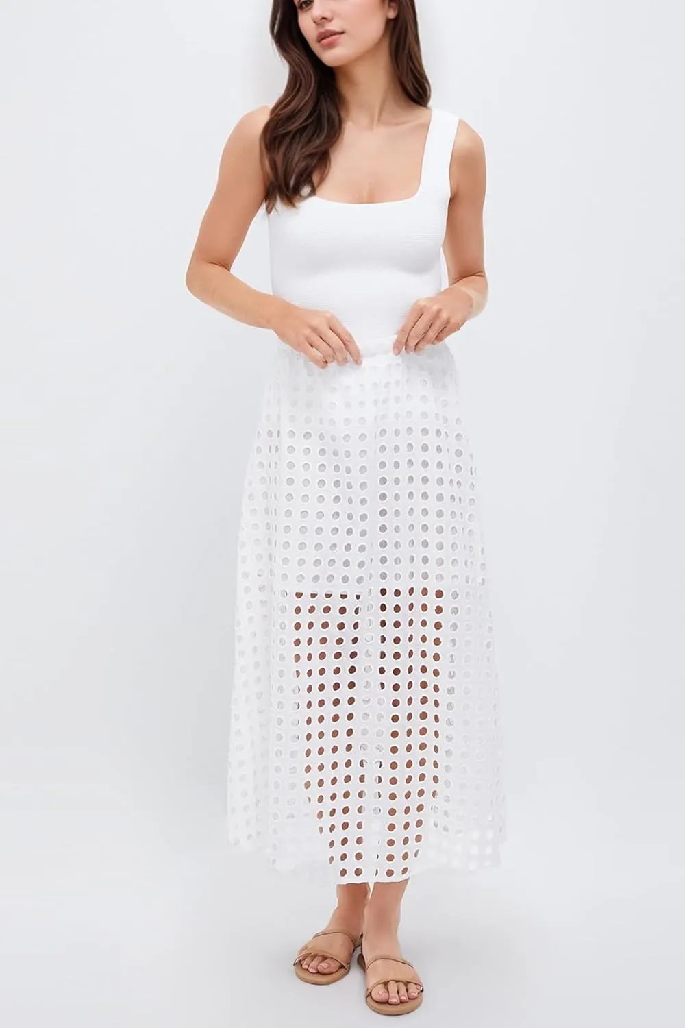MISSACTIVER Summer Eyelet Maxi Skirt for Women Solid Hollow Out Beach Skirt High Elastic Waist Long Skirts with Underneath