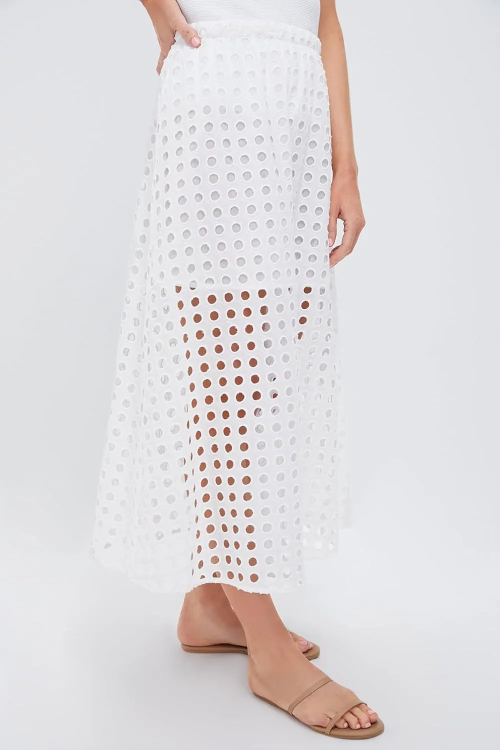MISSACTIVER Summer Eyelet Maxi Skirt for Women Solid Hollow Out Beach Skirt High Elastic Waist Long Skirts with Underneath