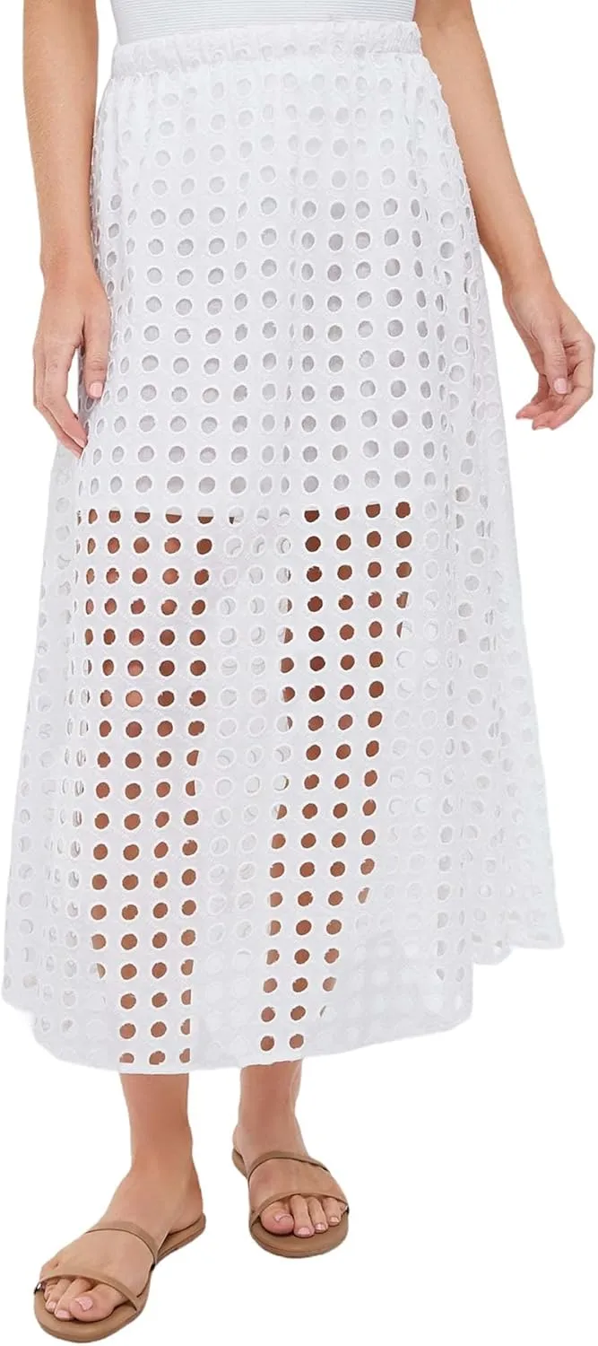MISSACTIVER Summer Eyelet Maxi Skirt for Women Solid Hollow Out Beach Skirt High Elastic Waist Long Skirts with Underneath