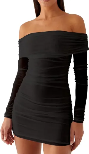 Mokoru Women's Sexy Elegant Off The Shoulder Mesh Long Sleeve Ruched Bodycon Cocktail Party Mini Dresses