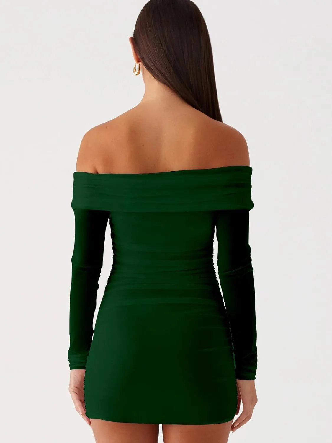 Mokoru Women's Sexy Elegant Off The Shoulder Mesh Long Sleeve Ruched Bodycon Cocktail Party Mini Dresses