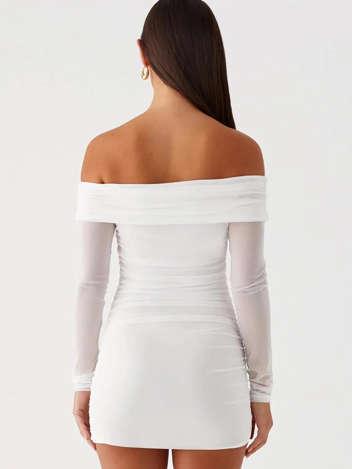 Mokoru Women's Sexy Elegant Off The Shoulder Mesh Long Sleeve Ruched Bodycon Cocktail Party Mini Dresses