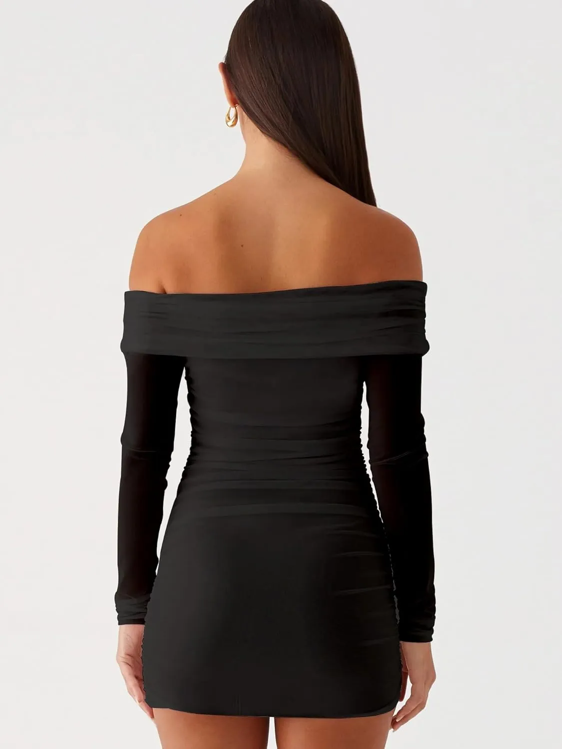 Mokoru Women's Sexy Elegant Off The Shoulder Mesh Long Sleeve Ruched Bodycon Cocktail Party Mini Dresses