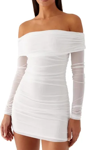 Mokoru Women's Sexy Elegant Off The Shoulder Mesh Long Sleeve Ruched Bodycon Cocktail Party Mini Dresses