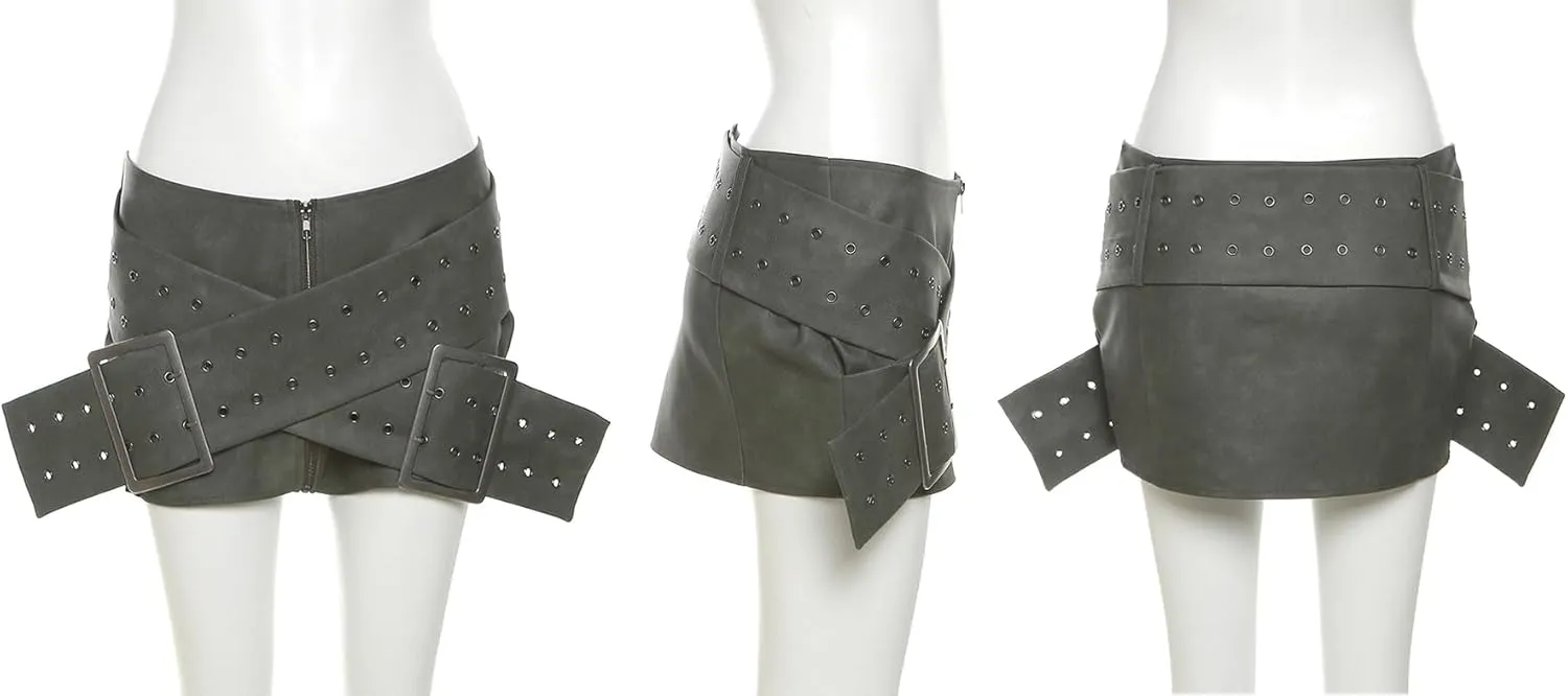 Molisry Women Cargo Skirt Buckled Belt Low Waist Slim Fit Mini Skirt Sexy Cargo Jean Skirt Club Party
