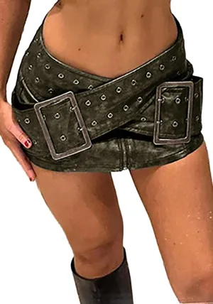 Molisry Women Cargo Skirt Buckled Belt Low Waist Slim Fit Mini Skirt Sexy Cargo Jean Skirt Club Party