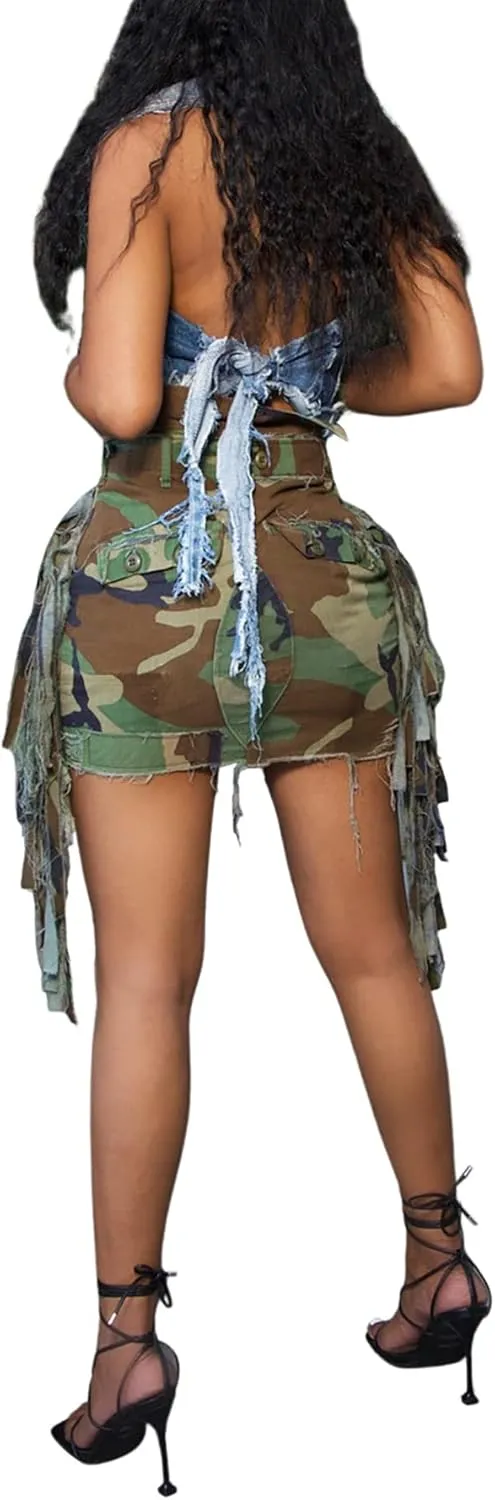 Molisry Women's Camo Cargo Mini Skirt Y2k High Split Camouflage Army Fatigue Short Skirt