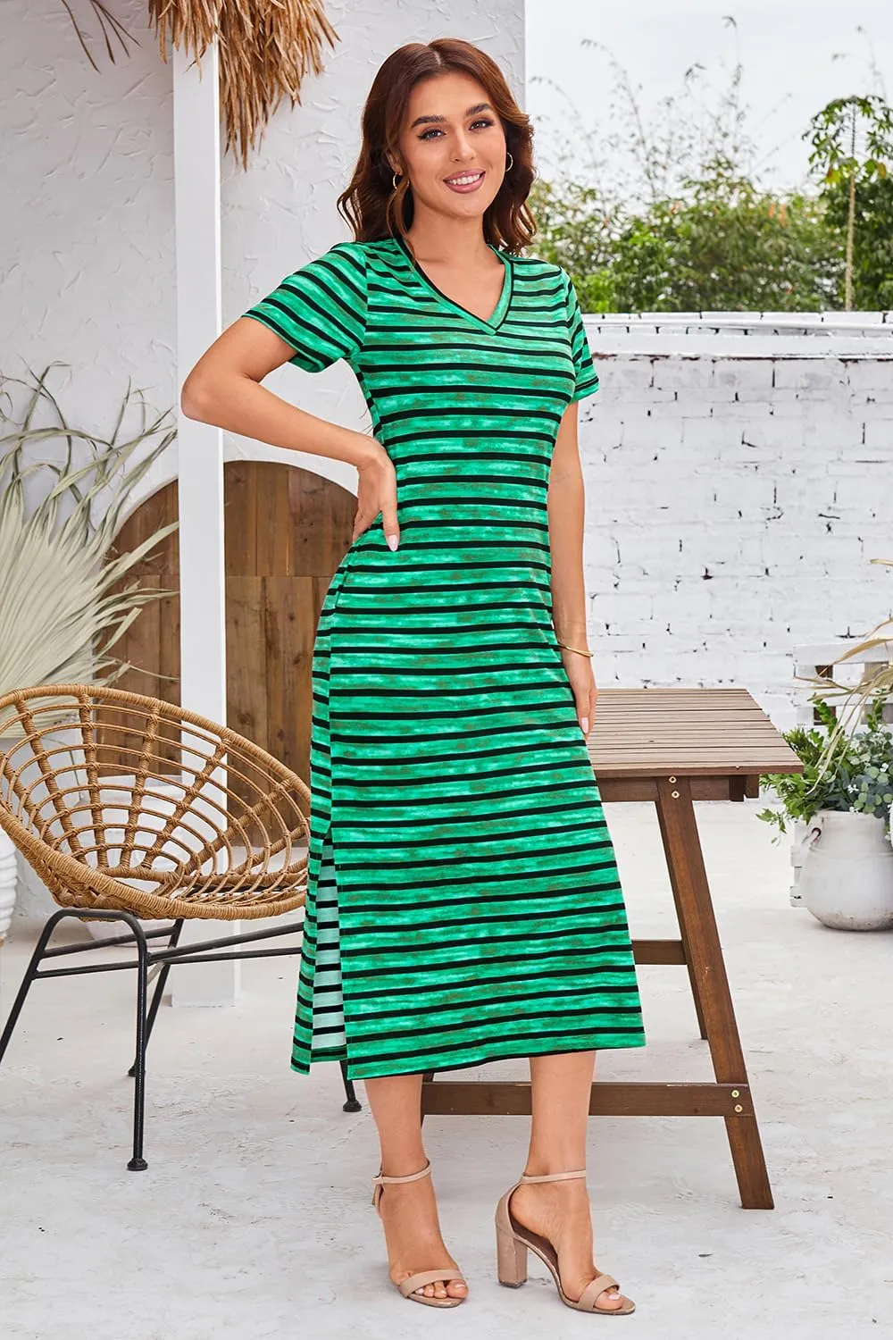 Naggoo Womens V Neck Striped Midi Dress Short Sleeve Split Summer Casual Beach T Shirt Dresses with Pockets