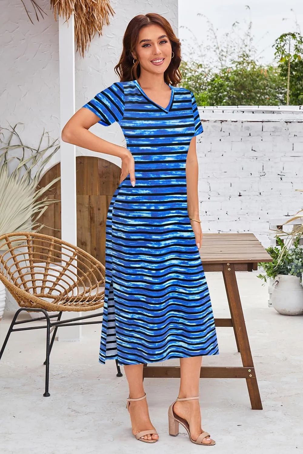 Naggoo Womens V Neck Striped Midi Dress Short Sleeve Split Summer Casual Beach T Shirt Dresses with Pockets