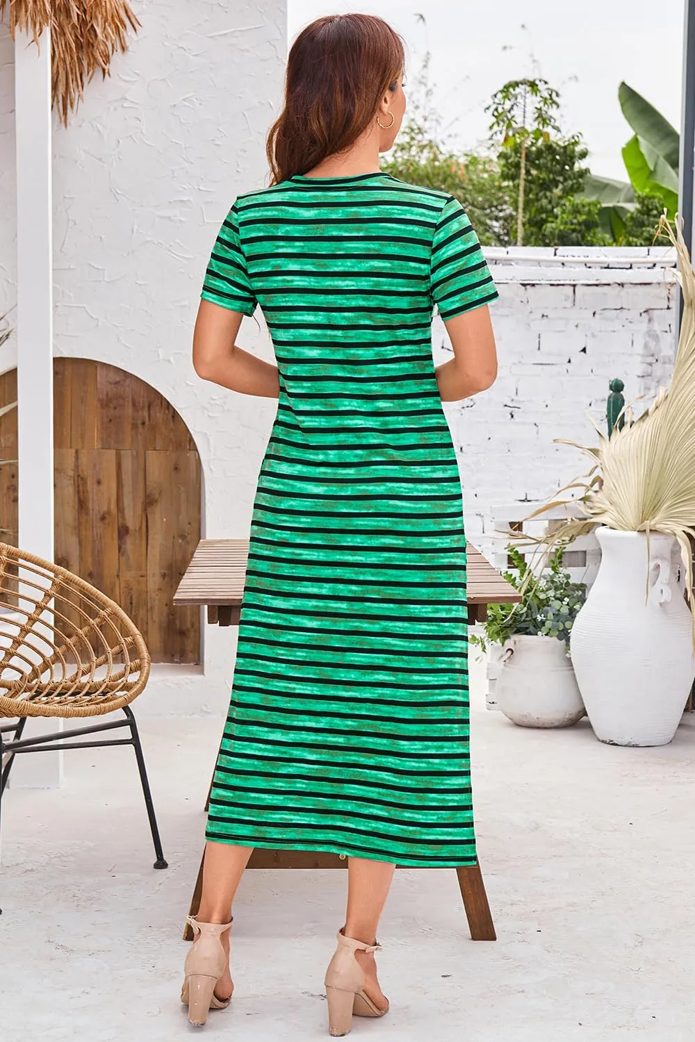 Naggoo Womens V Neck Striped Midi Dress Short Sleeve Split Summer Casual Beach T Shirt Dresses with Pockets