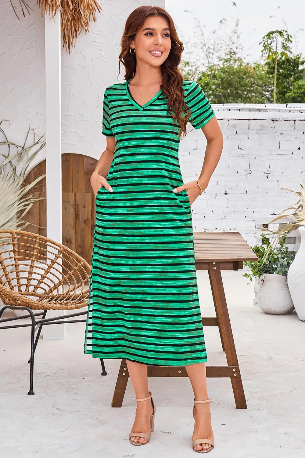 Naggoo Womens V Neck Striped Midi Dress Short Sleeve Split Summer Casual Beach T Shirt Dresses with Pockets