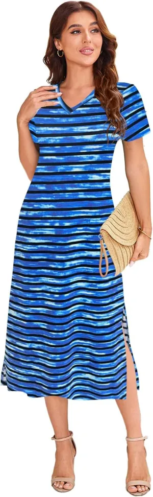Naggoo Womens V Neck Striped Midi Dress Short Sleeve Split Summer Casual Beach T Shirt Dresses with Pockets