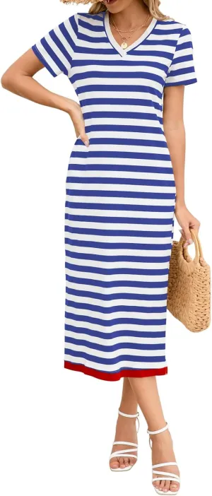 Naggoo Womens V Neck Striped Midi Dress Short Sleeve Split Summer Casual Beach T Shirt Dresses with Pockets