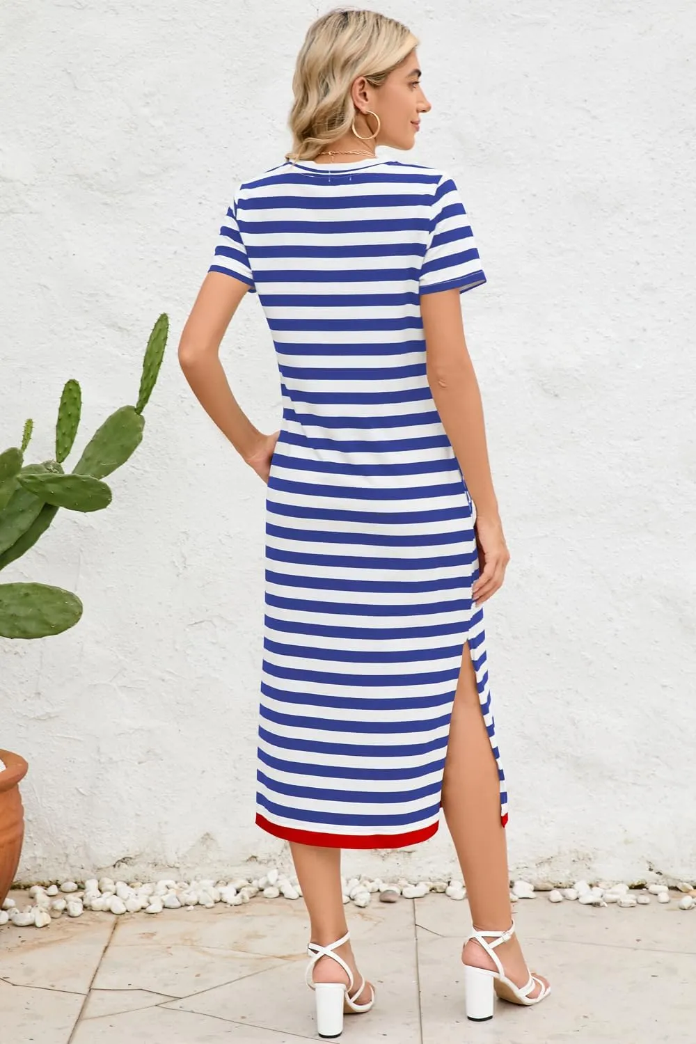 Naggoo Womens V Neck Striped Midi Dress Short Sleeve Split Summer Casual Beach T Shirt Dresses with Pockets