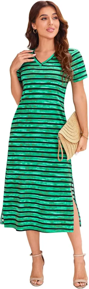 Naggoo Womens V Neck Striped Midi Dress Short Sleeve Split Summer Casual Beach T Shirt Dresses with Pockets