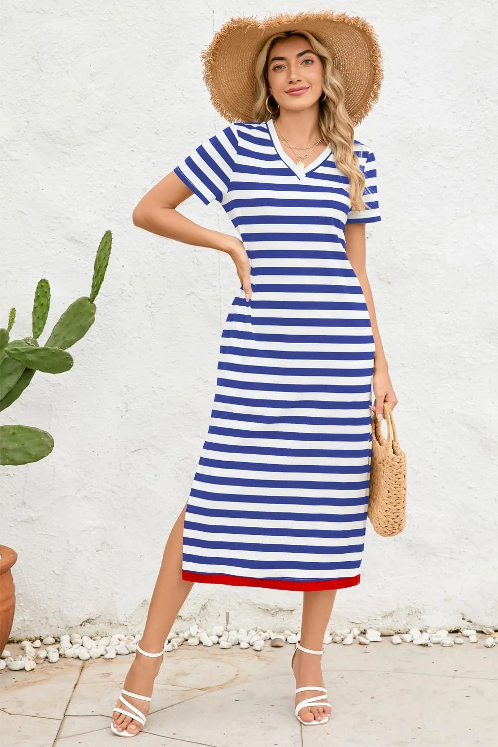 Naggoo Womens V Neck Striped Midi Dress Short Sleeve Split Summer Casual Beach T Shirt Dresses with Pockets